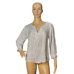 Adrienne Vittadini Women's White Silver Metallic Striped Banded V- Neck Blouse M
